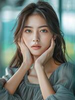 Portrait of a young woman with long dark hair and soft expression, wearing a grey outfit, gently touching her face with both hands. photo