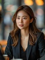 Professional woman in a business meeting wearing a blazer in a modern office environment with soft lighting. photo