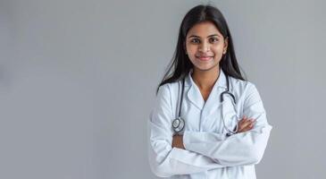 Confident young female doctor in white coat with stethoscope, arms crossed, smiling against grey background. photo