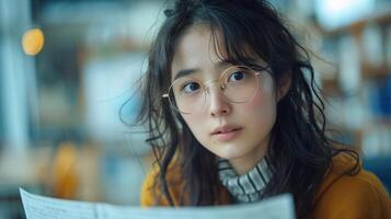 Young woman with glasses reading a newspaper in a cozy indoor setting, expressing curiosity and focus, wearing casual attire. photo