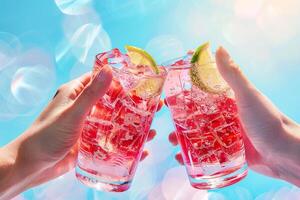 Two hands clinking glasses filled with refreshing pink cocktails garnished with lime wedges against a bright and vibrant background. photo