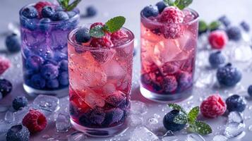 Three refreshing berry-infused drinks with ice cubes and fresh mint leaves, surrounded by assorted berries on a cool surface. photo