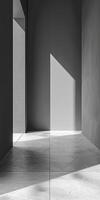 Abstract architectural image of a minimalist hallway with geometric shapes and natural light casting shadows on the floor. photo
