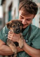 A smiling man in a green uniform holding a cute puppy, showcasing a heartwarming bond between human and pet. photo