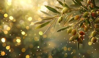 Golden sunlight illuminates ripening olives on a branch, creating a warm, dreamy ambiance with bokeh effects in the background. photo