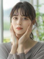 A woman with a serene expression poses indoors by a window, touching her face gently with both hands, surrounded by soft natural light. photo