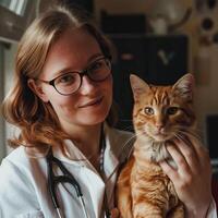 Female veterinarian holding a ginger cat, both looking at the camera in a veterinary clinic setting. photo