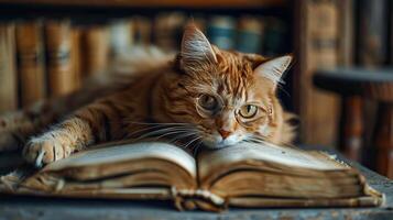 Cozy orange cat lying on an open book in a library, blending into the vintage ambiance. Perfect for themes of relaxation and literature. photo