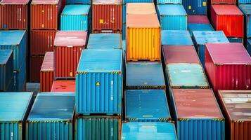 Colorful shipping containers stacked at a port, creating an impressive geometric pattern highlighting global trade and logistics. photo