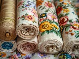 Close-up of colorful embroidered fabric rolls stacked in a row, showcasing intricate floral patterns and vibrant textures. photo