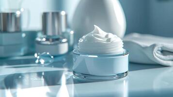 Close-up of a luxury face cream in a modern, minimalistic setting. Shallow depth of field highlights the product against a soft, blue background. photo