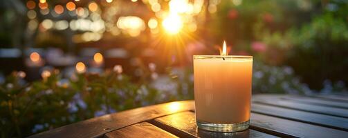 A candle on a wooden table at sunset, creating a warm and relaxing atmosphere outdoors with glowing bokeh lights in the background. photo