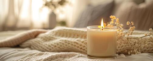 Cozy scene with a lit candle on a knitted blanket, perfect for relaxation and home decor inspiration. photo