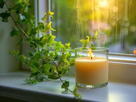 Serene setting of a lit candle by a window, surrounded by green ivy and soft sunlight, perfect for calm and peaceful ambiance. photo