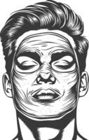Black and white illustration of a man with a facial mask on, eyes closed, and a serene expression vector