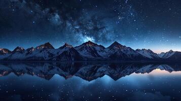 Stunning night sky over majestic mountain range with mirror reflection in the lake, perfect for nature and astrophotography enthusiasts. photo