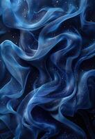 Abstract flowing blue fabric with delicate waves and sparkling stars, creating a sense of serenity and dreamy cosmic wonder. photo