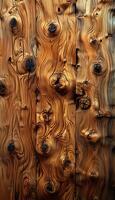 Close-up of aged wooden planks showcasing natural swirl patterns and knots, creating a rustic and textured background. photo