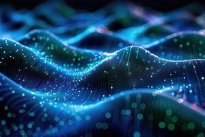 Abstract digital landscape with glowing blue and green points of light, representing data or neural network. Futuristic technology illustration. photo