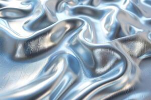 Close-up of smooth, shimmering silver fabric with intricate folds and waves creating an elegant and luxurious texture. photo