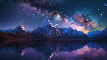 Stunning nightscape with vibrant Milky Way over tranquil mountain lake, reflecting the celestial beauty of a starry sky. photo