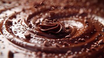 Close-up of rich, melted chocolate with a swirl design and sprinkled chocolate bits. Perfect for dessert, confectionery, and indulgence themes. photo