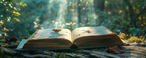 A mystical open book in a forest, illuminated by sun rays, capturing the essence of magic and nature's tranquility. photo
