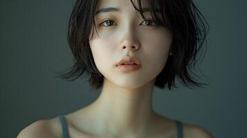 Portrait of a woman model with short black hair, looking directly at the camera with a neutral expression, against a dark green background. photo