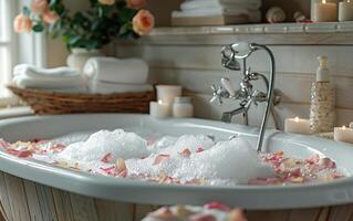 Serene bathroom with a filled bathtub, surrounded by flowers, candles, and towels, creating a spa-like atmosphere for relaxation. photo