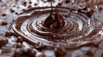 Close-up of rich, melted chocolate with a mesmerizing splash effect. Perfect for food, dessert, and indulgence imagery. photo