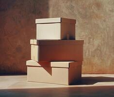 Four stacked cardboard boxes with a rustic background, bathed in warm natural light, ideal for shipping and storage themes. photo