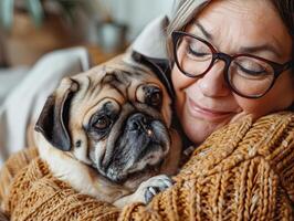 A woman lovingly hugs her pug dog, showcasing a bond between pet and owner. The warm and cozy setting emphasizes comfort and companionship. photo