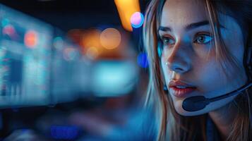 Focused woman with headset working at computer. Serious look indicates concentration in a tech-savvy environment, suitable for tech and customer service themes. photo