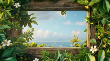 Scenic ocean view framed by lush green foliage and wooden beams, perfect for nature lovers and tropical themes. photo