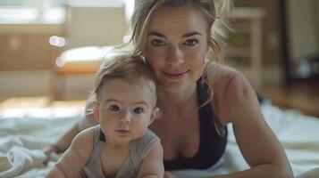 A mother and her baby lying on the floor smiling at the camera, in a cozy home environment with natural lighting. photo