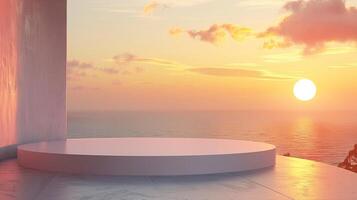 Modern minimalist platform by the ocean during a beautiful sunset, perfect for product display or presentations. photo