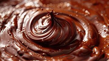 Close-up of luscious melted chocolate swirled texture, showcasing the rich and creamy delight that's perfect for desserts and confectionery. photo
