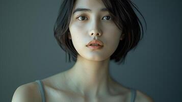 Portrait of a woman model with short black hair, looking directly at the camera with a neutral expression, against a dark green background. photo
