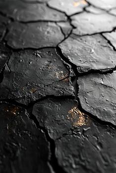 Close-up of a textured black surface with irregular shapes and a glossy finish, exhibiting detailed patterns and intricate design elements. photo