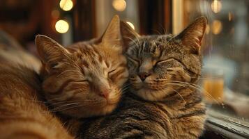 Two adorable cats snuggling together by a window with a warm, cozy glow in the background, perfect for conveying warmth and affection. photo
