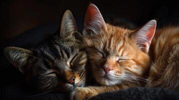 Two adorable cats cuddling together in warm and cozy lighting, creating a heartwarming and tranquil scene perfect for animal lovers. photo