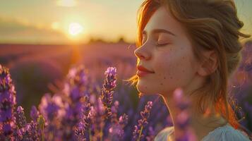 A woman enjoys a peaceful moment in a lavender field during sunset, capturing the essence of relaxation and nature's beauty. photo