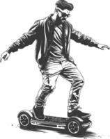 Stylish man rides futuristic hoverboard in urban setting, enjoying the freedom of personal transportation. vector