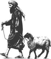 Traditional middle eastern man walking with a sheep vector