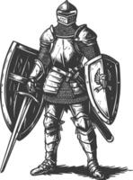 Valiant medieval knight in full plate armor, ready for battle, with sword and shield vector
