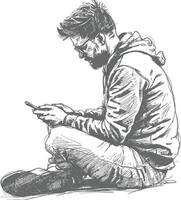 Pen sketch of a man using a smartphone vector