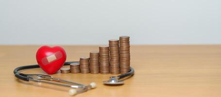 Money Saving, Health Insurance, Medical, Donation and Financial concepts. coins stack with stethoscope and Heart, Money stack Counting arrangement for deposit and Healthcare cost photo