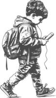 little boy walking while playing on smartphone with engraving style vector