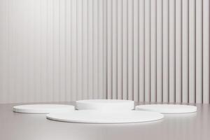 Abstract white 3D room with realistic white cylinder pedestal podium set. Minimal scene for product display presentation. 3d geometric platform. Stage for showcase. photo