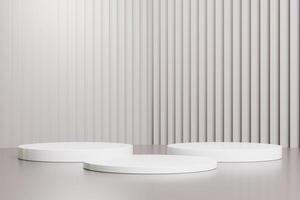Abstract white 3D room with realistic white cylinder pedestal podium set. Minimal scene for product display presentation. 3d geometric platform. Stage for showcase. photo